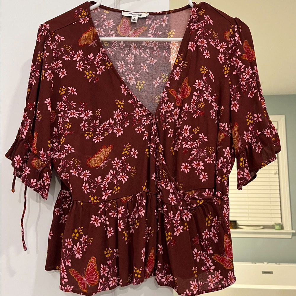 Madewell Maroon Floral Wrap Top